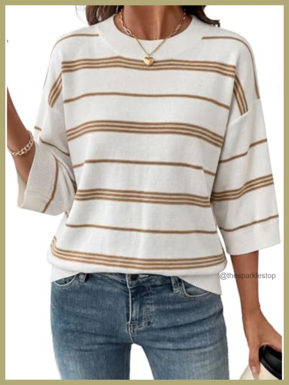 Womens Oversized 3/4 Sleeve Striped Lightweight Knit Sweater Pullover